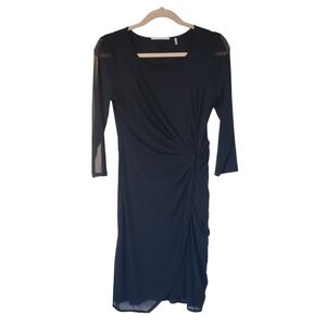T Tahari Black Mesh Sheath Dress Twist Side 3/4 Sleeve Stretchy